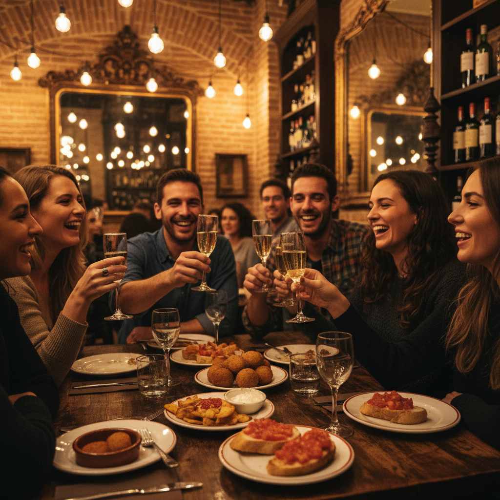 Tapas and cava on a wooden table inside a cozy Barcelona bar on New Year’s Eve.