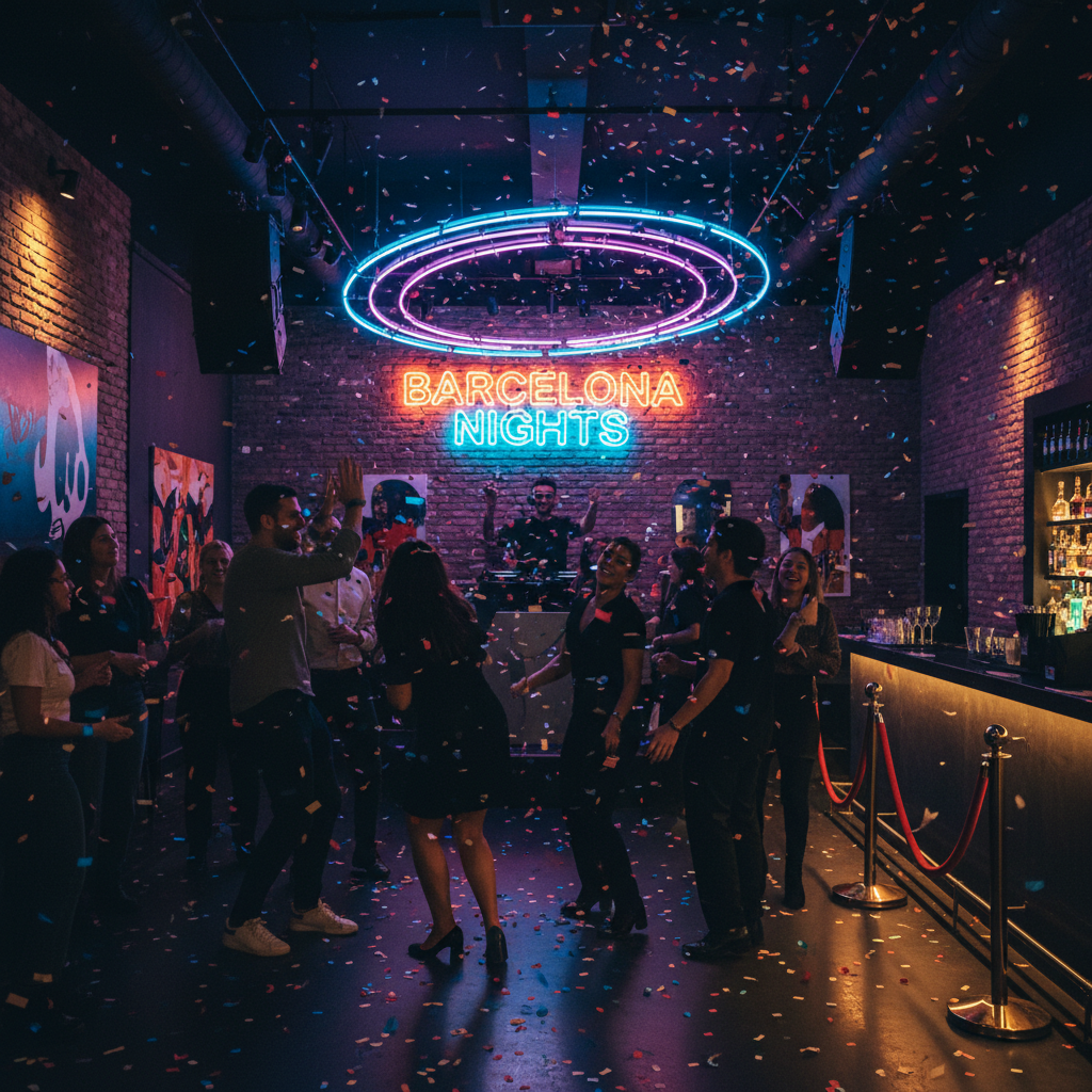 Confetti and a packed dance floor in a Barcelona nightclub as the clock strikes midnight.