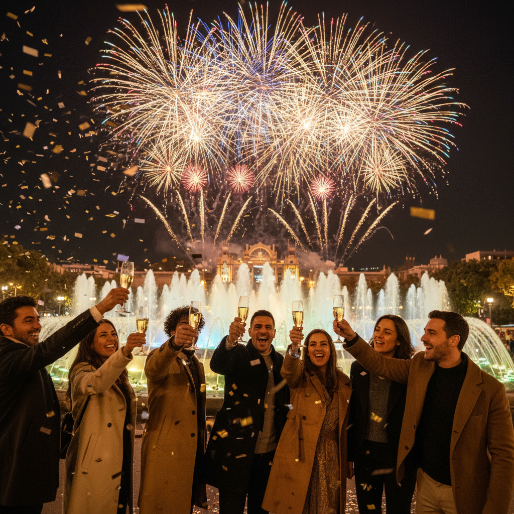 Fireworks over Montjuïc as travelers toast with cava during New Year’s Eve in Barcelona