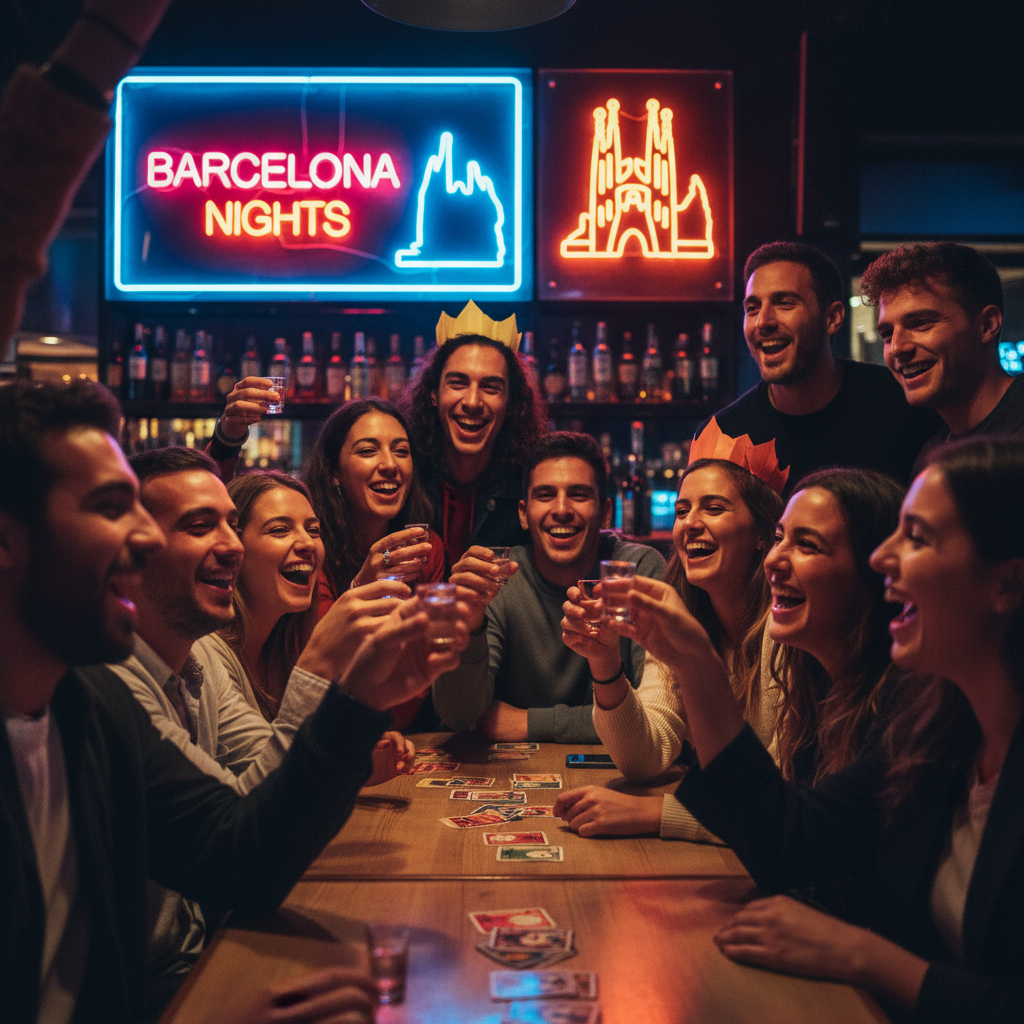 Group of travelers on a pub crawl cheering with shots in a Barcelona bar