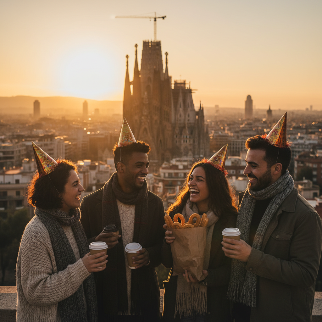 Friends holding sparklers on Barceloneta beach during New Year’s Eve in Barcelona
