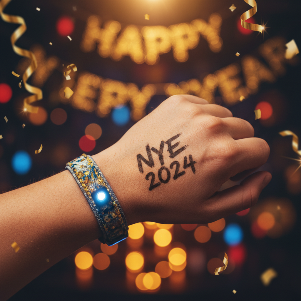Smiling travelers inside a New Year's Eve party bus in Barcelona with colorful LED lights and city views.