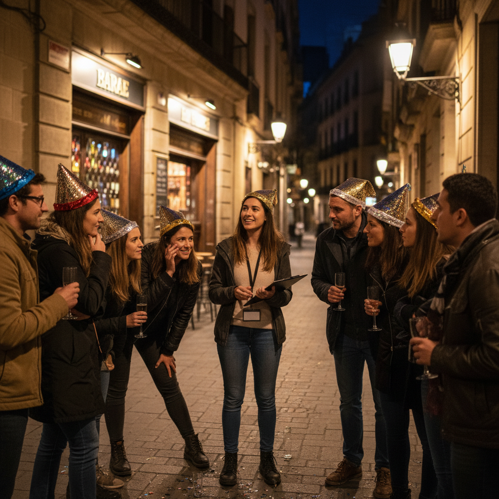 Nightlife guide briefing a pub crawl group on safety and plans in Barcelona