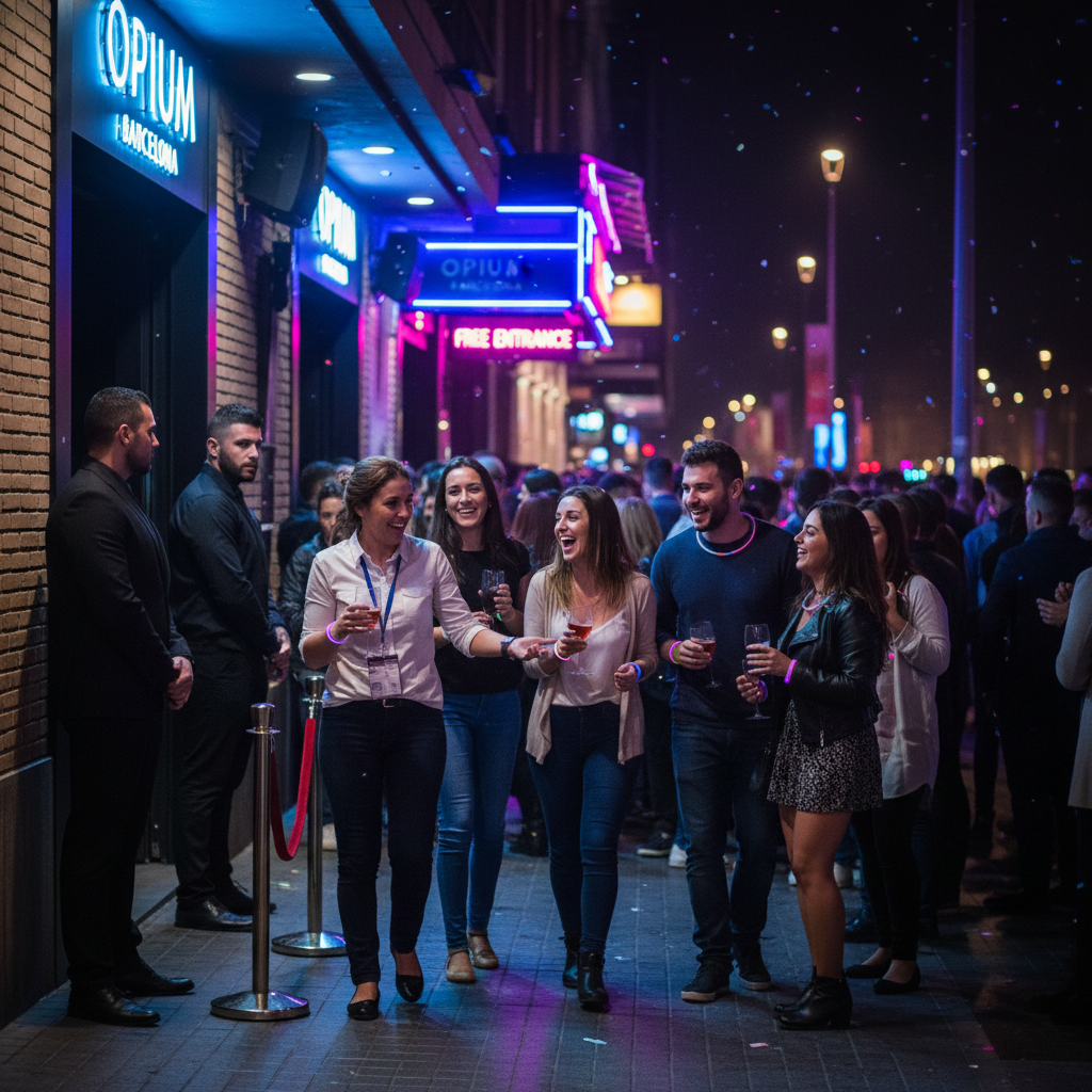 Group with VIP wristbands bypassing a long club queue in Barcelona