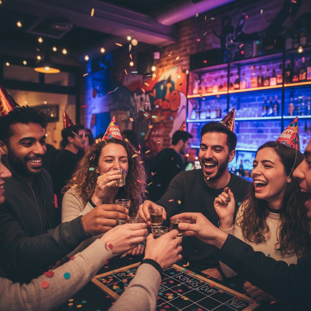 Travelers playing drinking games and taking free shots during a pub crawl in Barcelona