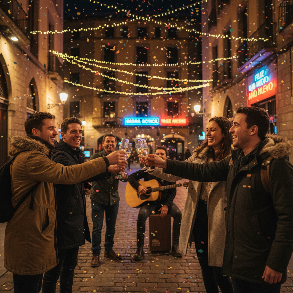 Festive New Year’s Eve street scene in Barcelona’s Gothic Quarter with travelers and confetti