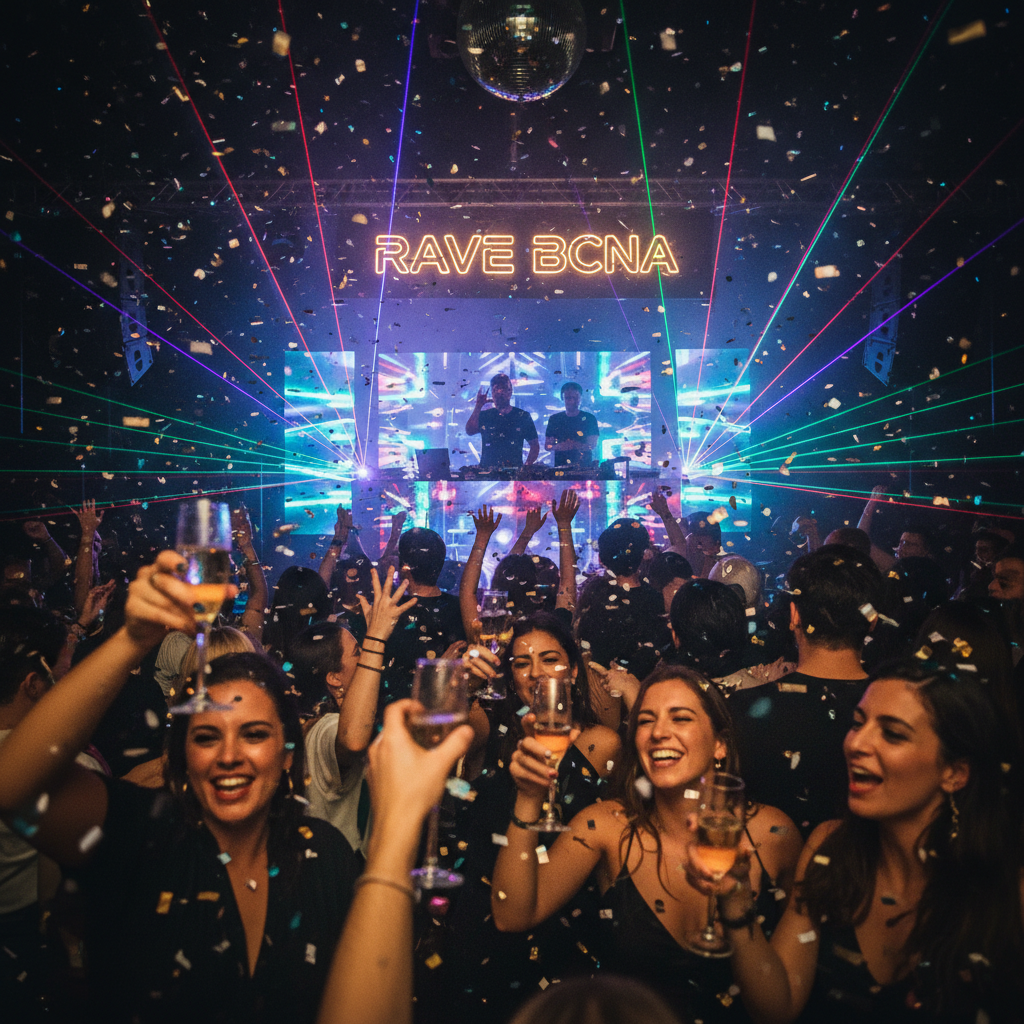 Midnight celebration in a Barcelona club with confetti and cava toasts