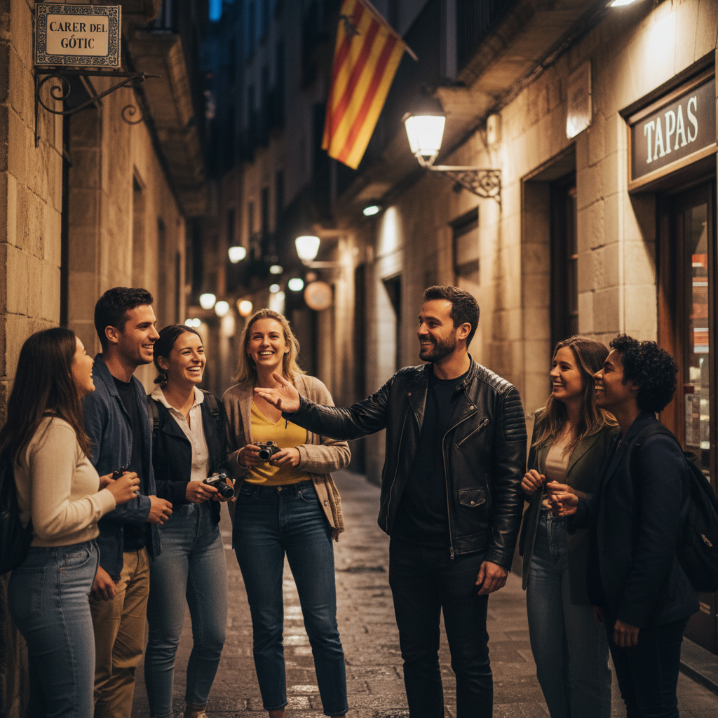 Local guide leading a small group of travelers through a well-lit Barcelona street at night.