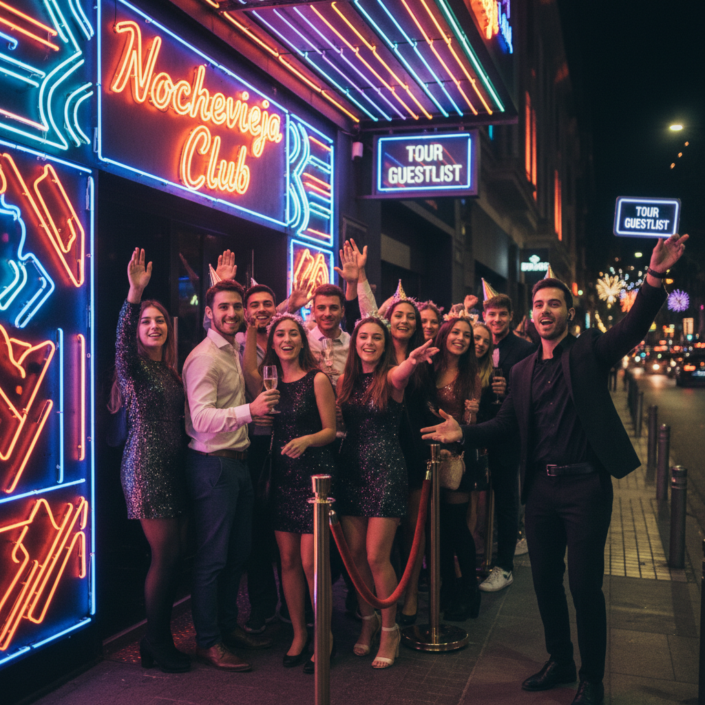 Pub crawl group skipping the line at a Barcelona nightclub with neon lighting.